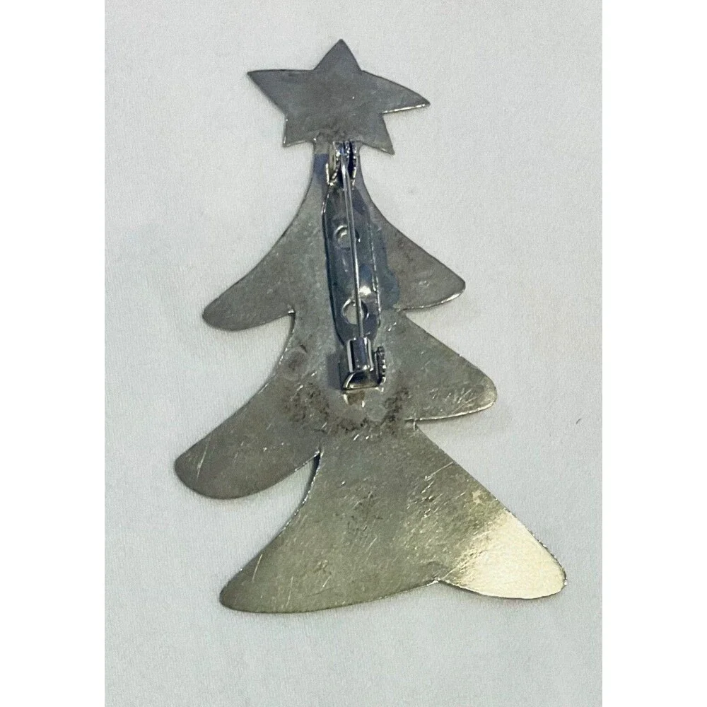 Artisan Silver Tone Christmas Tree Brooch Pin Rustic Primitive 2.5” x 1.75”